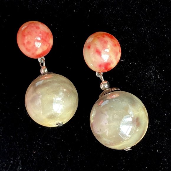 Fun Iridescent Cha Cha Balls Festive Earrings Pearlescent Red & Gray 2” Dangles - Picture 2 of 5